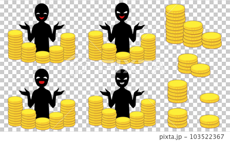 コインタワーと悪人イメージのシルエットの人物の投資詐欺などのイメージのイラスト素材セット コインタワーと悪人イメージのシルエットの人物の投資詐欺などのイメージのイラスト素材セット 103522367