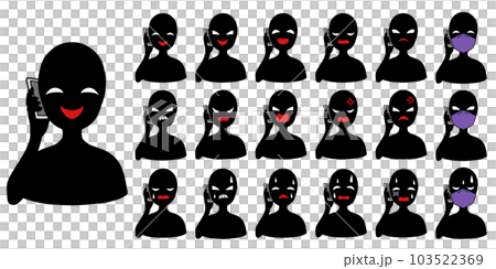An icon set of a black silhouette person with a bad guy image holding a smartphone 103522369