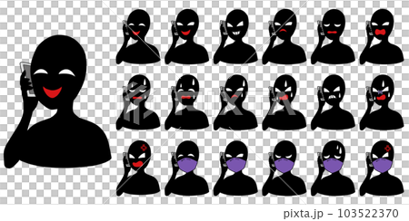 An icon set of a black silhouette person with a bad guy image holding a smartphone 103522370