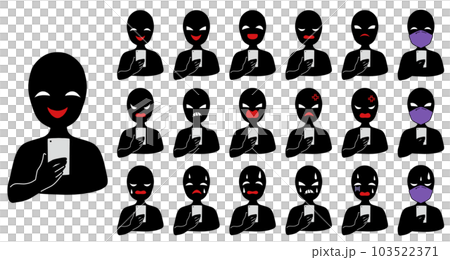 An icon set of a black silhouette person with a bad guy image holding a smartphone 103522371