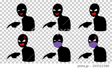 Illustration set of a black silhouette person with a bad person image such as pointing a finger and laughing 103522380