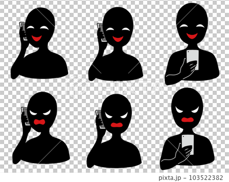Illustration set of a black silhouette person with a bad guy image holding a smartphone Illustration set of a black silhouette person with a bad guy image holding a smartphone 103522382