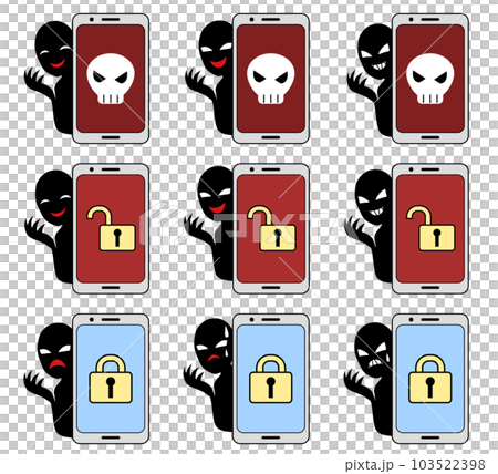 具有智能手機輪廓的人的安全圖像和壞人圖像的插圖素材集 103522398
