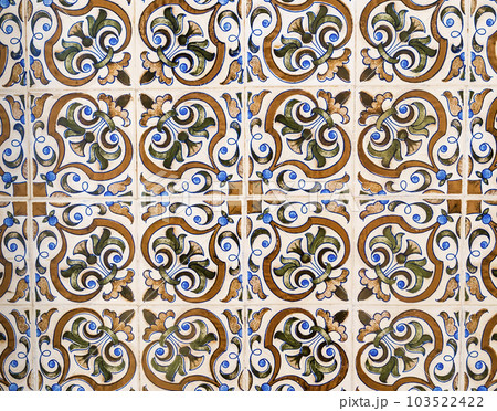 Traditional tiles with floral shapes and pastel colours adorning the facades of the houses in Aveiro, Portugal 103522422