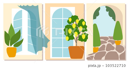 Set of abstract summer posters for room, minimalistic design. Italian mood, windows, lemon tree, boxtree, archway. Vector illustration for interior prints, wall art, greeting cards 103522710
