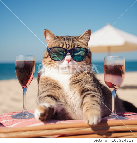 A cat in sunglasses and two glasses of wine against the background of the beach and the sea, close-up, the cat is on vacation, for advertising travel agencies 103524518