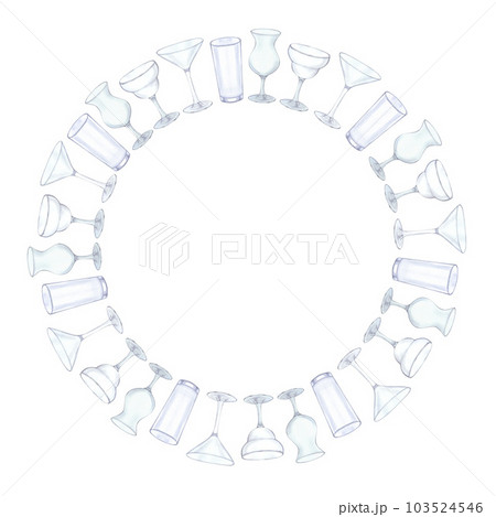 Round frame empty transparent glass for lemonade, alcoholic drinks, cocktail. Hand drawn watercolor illustration isolated on white background. For bar restaurant menu 103524546