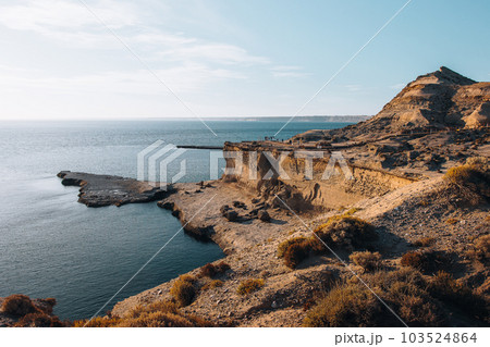 Panoramic view of Punta Piramides in Valdes Peninsula. Argentine Patagonia. Panoramic view of Punta Piramides in Valdes Peninsula. Argentine Patagonia. 103524864