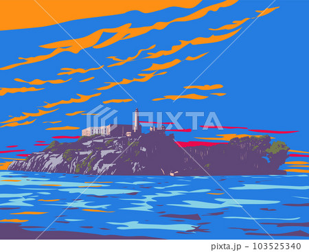 Alcatraz Island at Dusk in San Francisco California WPA Art Deco Poster 103525340
