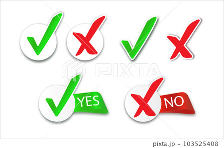 Yes and No check marks. Cross check mark icons, flat round buttons set. Yes and No check marks. Cross check mark icons, flat round buttons set. 103525408