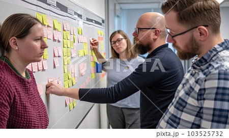 Smiling diverse colleagues discussing creative startup ideas on sticky papers on board close up, successful employees looking at stickers, brainstorming. Generative AI. 103525732