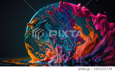Photograph of an ink drop forming color bubbles underwater. Liquids mixing in dynamic flow forming round shapes with vivid structure. Generative AI 103525734