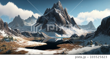 Panorama of a colored mountain landscape with the snow covered mountains. Generative AI. 103525823