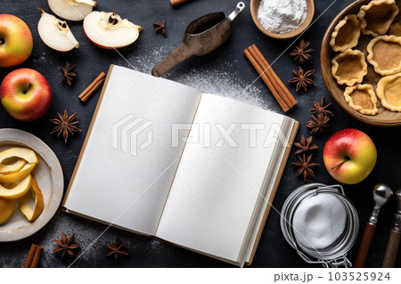 Set of backing ingredients with empty cookbook. Generative AI 103525924