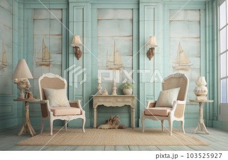 Vintage beach house wooden blue white interior. Generative AI 103525927