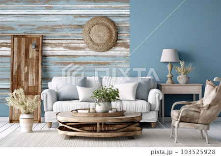 Vintage beach house wooden blue white interior. Generative AI 103525928