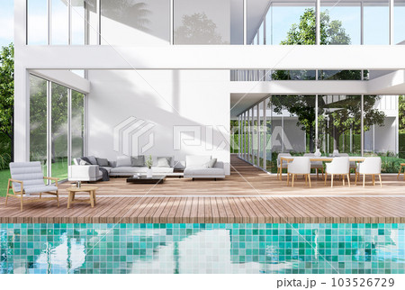 Modern style white house exterior with wooden terrace and blue tile swimming pool 3d render 103526729