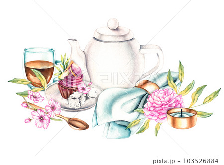 Watercolor tea composition with flowers and desserts 103526884