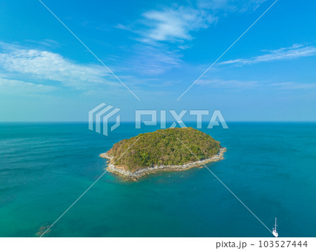 aerial panorama view above turquoise sea around Nui beach small beach surrounded by tourist attractions. Nui beach is the good place for swimming snorkeling and sea canoe. turquoise sea background. 103527444