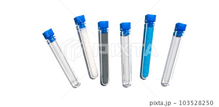 Sodium Hydroxide Pellets, Zinc Granules and Copper(II) Sulfate in test tube with plug cap. Cosmetic chemicals ingredient on laboratory table. 103528250