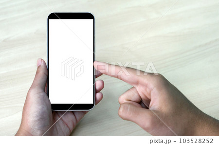 Close up smartphone with white screen on man hand. Close up smartphone with white screen on man hand. 103528252