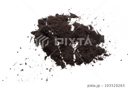 Black Fertilize Soil ready to planting, good organic soils with root for garden farming, fine detail of soil throw fly in air with dust dirty. High speed freeze shot over White background Isolated. Black Fertilize Soil ready to planting, good organic soils with root for garden farming, fine detail of soil throw fly in air with dust dirty. High speed freeze shot over White background Isolated. 103528263
