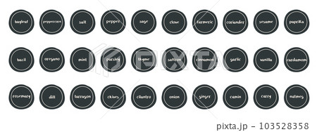Set of round labels for spices and seasonings. Stickers for kitchen jars with salt, pepper, paprika, curry, etc. Vector minimalistic design. 103528358