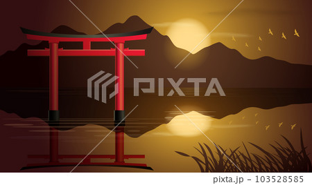 Torii gates,  beautiful Sunset scene with mountain in japan, vector illustration 103528585