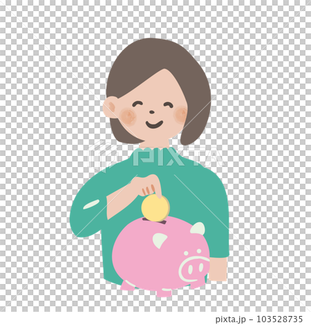 person putting coin into piggy bank person putting coin into piggy bank 103528735