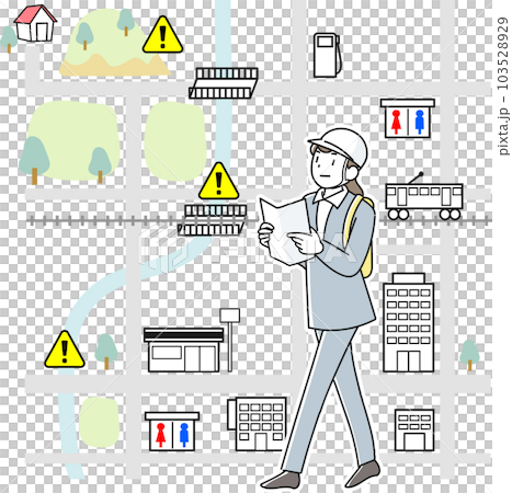 A young woman walking home from work with a map in hand during a disaster 103528929