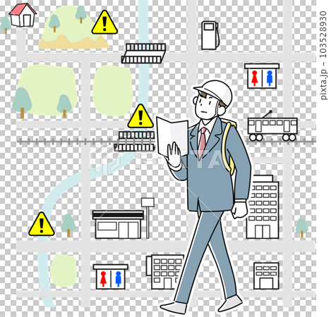 A young man walking home from work with a map in hand during a disaster A young man walking home from work with a map in hand during a disaster 103528930