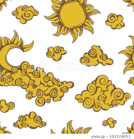 Tarot seamless pattern with sun, clouds and stars. Tarot aesthetic tile with golden cosmic objects. Vector illustration Tarot seamless pattern with sun, clouds and stars. Tarot aesthetic tile with golden cosmic objects. Vector illustration 103529051