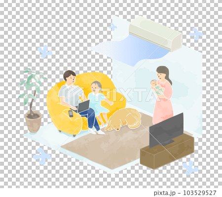 ベクターイラスト：エアコンをつけたリビングでくつろぐ家族 103529527