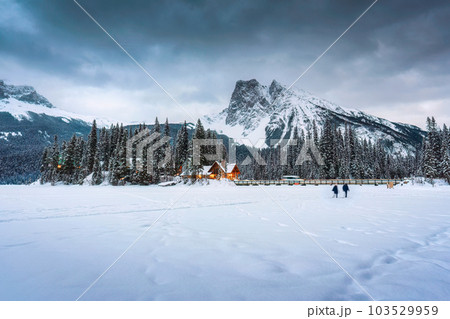 Emerald Lake with wooden lodge glowing in snowy pine forest and rocky mountains on winter at Yoho national park Emerald Lake with wooden lodge glowing in snowy pine forest and rocky mountains on winter at Yoho national park 103529959