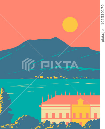 Lake Como Lago di Como Lario With Villa and Alps and Bellagio Italy WPA Art Deco Poster 103530170