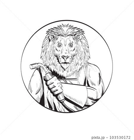 Lion Welder With Welding Torch Circle Line Drawing Black and White 103530172