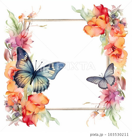 水彩の蝶と花のフレーム AI画像のイラスト素材 [103530211] - PIXTA