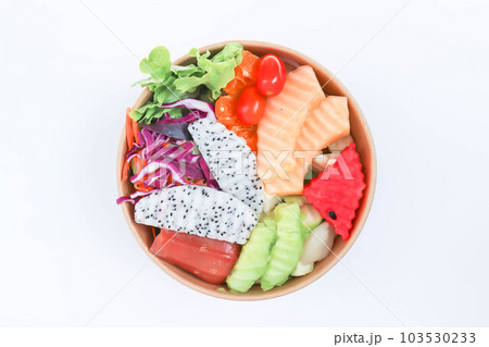 fruit and vegetable salad or cantaloupe, dragon fruit and lettuce salad 103530233