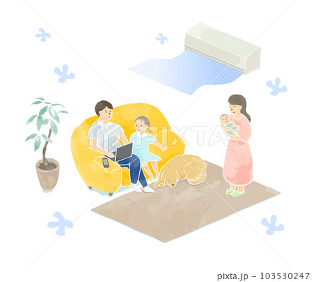 ベクターイラスト：エアコンをつけたリビングでくつろぐ家族（背景なし） 103530247
