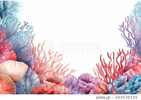 水彩の珊瑚と貝殻のフレーム AI画像のイラスト素材 [103530335 水彩の珊瑚と貝殻のフレーム AI画像のイラスト素材 [103530335