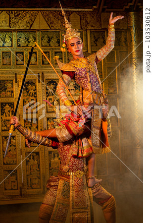 Vertical image of Khon or traditional Thai classic masked from the Ramakien characters dance 103530612