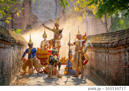Small group of Khon or traditional Thai classic masked from the Ramakien characters stand together 103530717