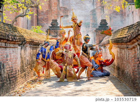 Small group of Khon or traditional Thai classic masked from the Ramakien characters stand together Small group of Khon or traditional Thai classic masked from the Ramakien characters stand together 103530719