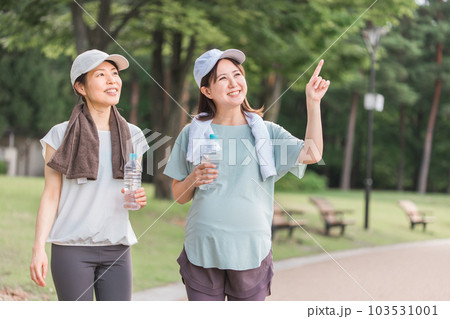 ママ友と散歩する妊婦の若いアジア人女性 ママ友と散歩する妊婦の若いアジア人女性 103531001