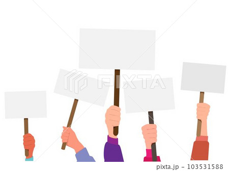 People holding placards isolated on white background. People against violence, descrimination, human rights. Protesters concept. Vector stock People holding placards isolated on white background. People against violence, descrimination, human rights. Protesters concept. Vector stock 103531588