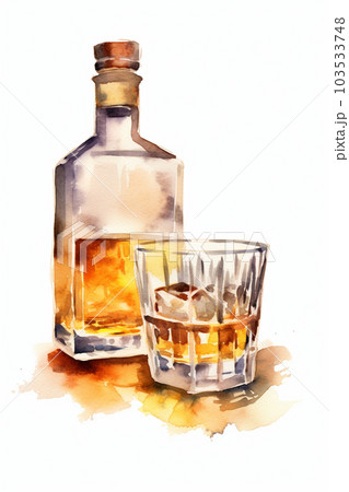ウィスキーのボトルとグラス　水彩イラスト　AI画像 103533748