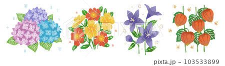 夏の花セット：あじさい、ポーチュラカ、桔梗、ほおずき 103533899