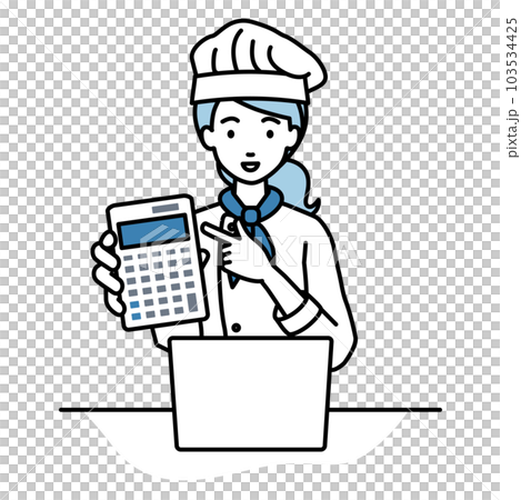 A female cook sitting at her desk, opening her laptop, pointing at a calculator, and showing it to us 103534425