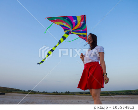 Colored kite against blue sky at sunset Colored kite against blue sky at sunset 103534912
