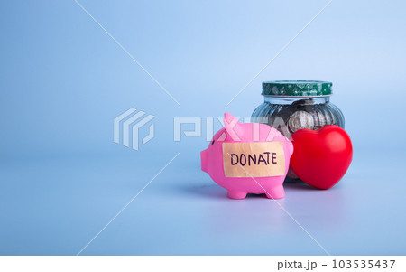 Pink piggy bank with donate word on a blue background. Pink piggy bank with donate word on a blue background. 103535437